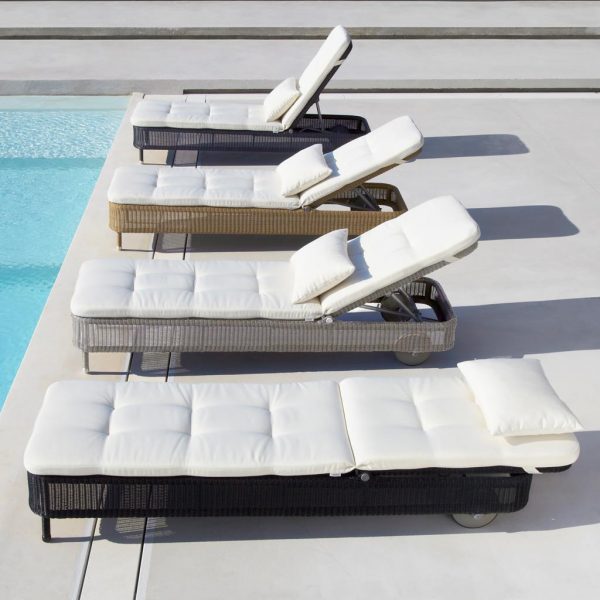 Presley all-weather rattan sun lounger is a fully adjustable classic woven sunbed by Cane-line luxury rattan outdoor furniture company.