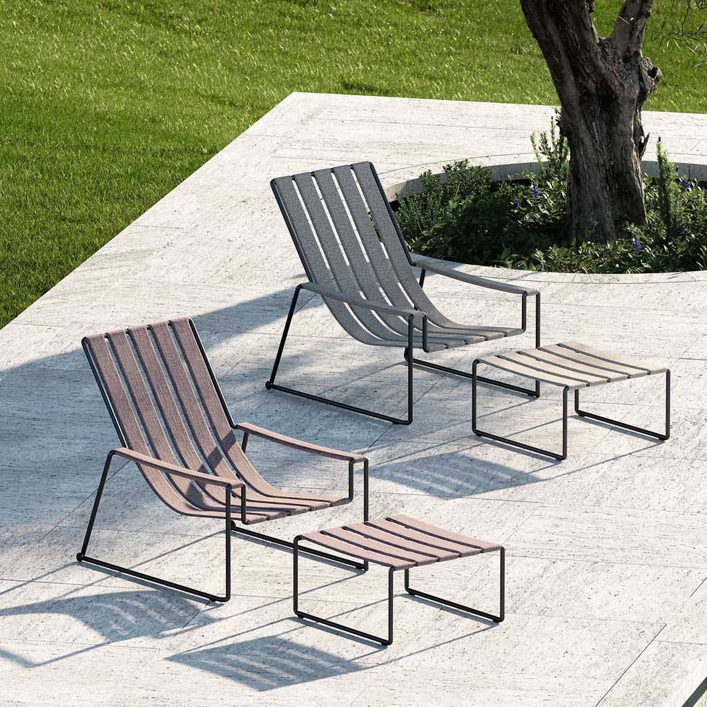 Strappy GARDEN RELAX CHAIR Is A MINIMALIST Outdoor LOUNGE Chair And FOOTSTOOL In TOP QUALITY Garden Furniture Materials By ROYAL BOTANIA Furniture