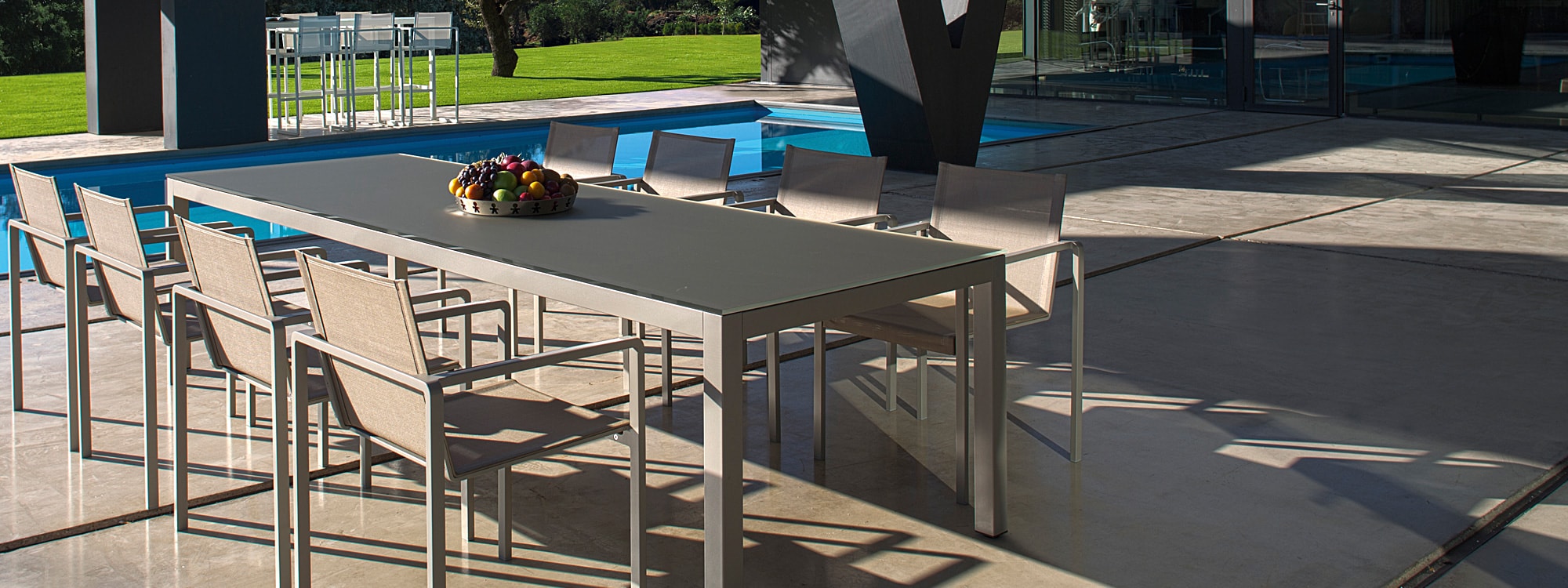 Sand-coloured Taboela modern garden table includes luxury extendable garden table & large rectangular garden table by Royal Botania modern garden furniture