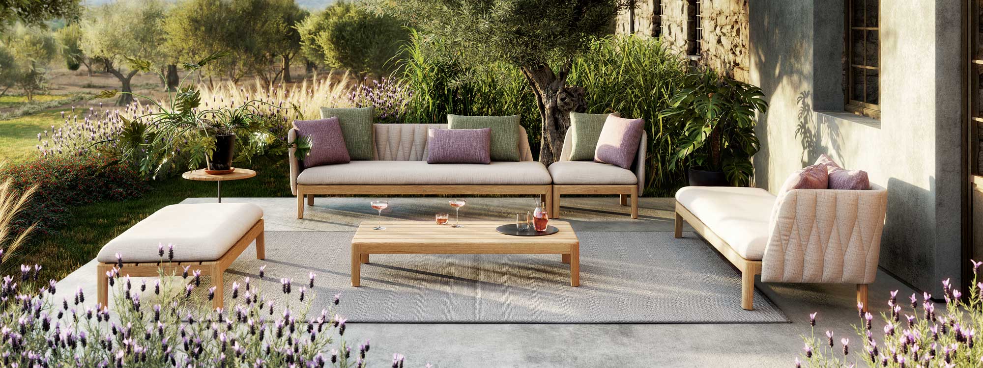 Calypso modular garden sofa is modern teak lounge furniture in finest quality garden furniture materials by Royal Botania furniture