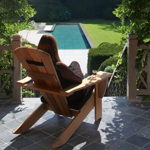 New England high quality adirondack chair is a teak hardwood fantail chair by Royal Botania contemporary garden furniture company