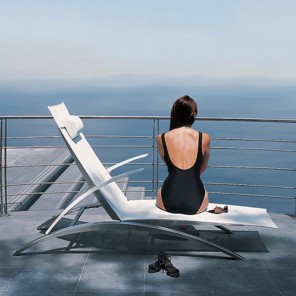 OZN 195T modern garden sun lounger is a quality adjustable sun bed in all weather sun bed materials by Royal Botania modern garden furniture