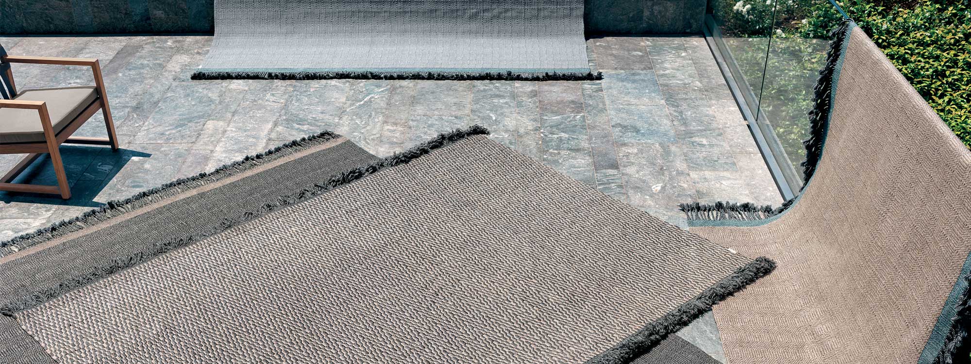 Atlas modern outdoor rug range & designer garden carpets in all-weather carpet materials by RODA luxury garden furniture, Italy.