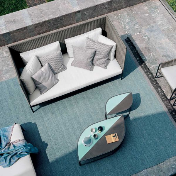 Birdseye view of Basket garden sofa and Leaf low tables
