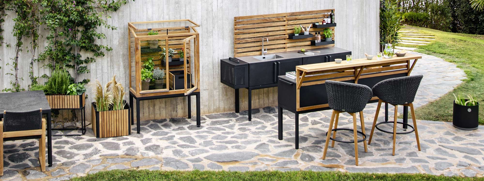 Drop mini greenhouse and outdoor kitchen counter with trellis