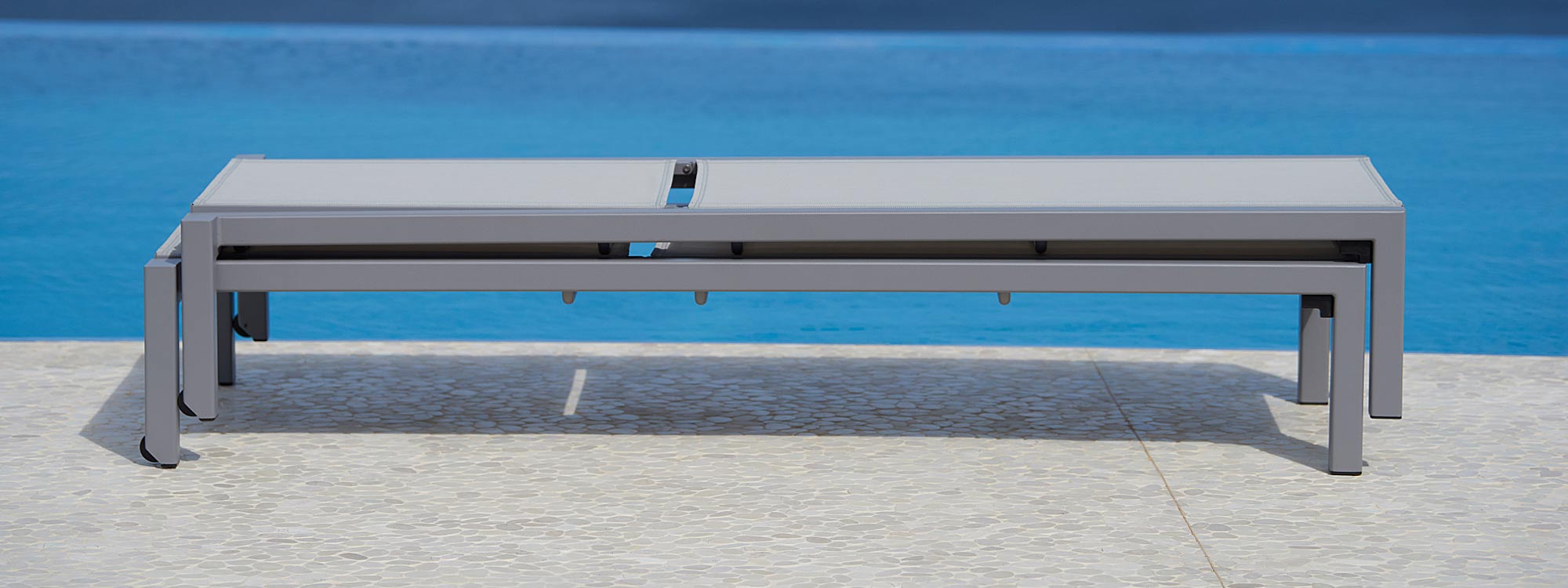 Relax aluminium sun lounger is a stackable, modern sunbed in high quality garden furniture by Cane-line outdoor furniture company, Denmark.