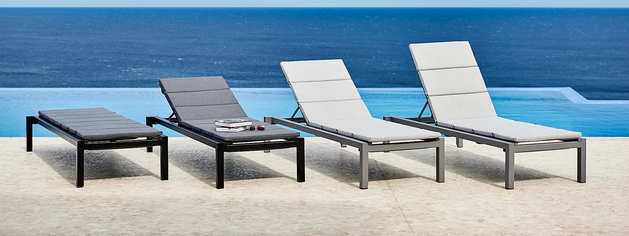 Relax aluminium sun lounger is a stackable, modern sunbed in high quality garden furniture by Cane-line outdoor furniture company, Denmark.