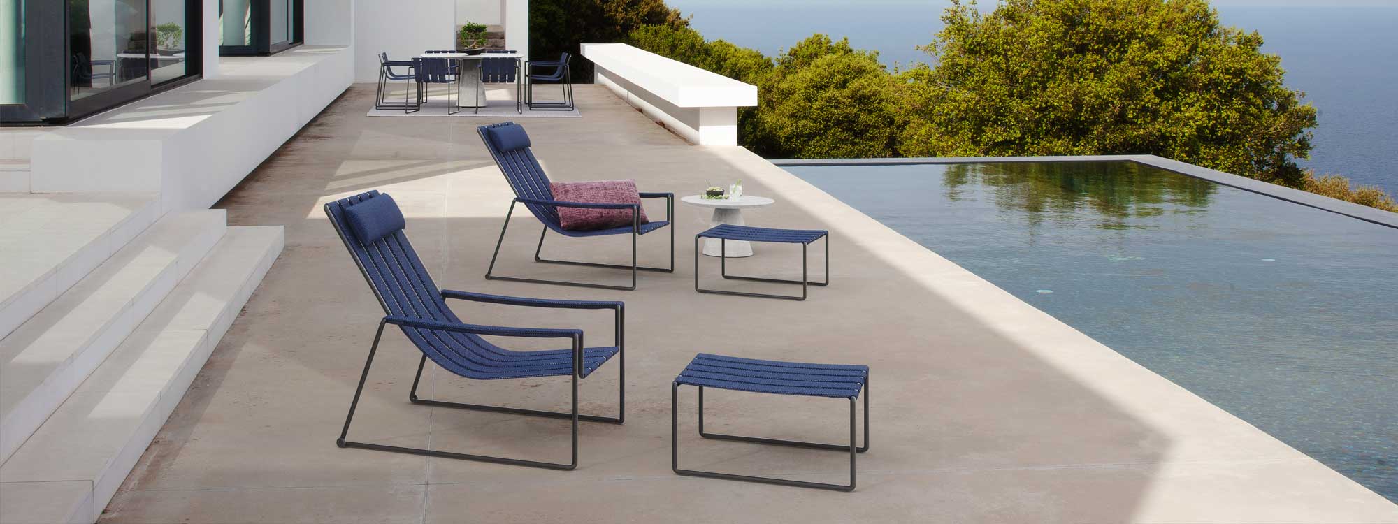 Strappy garden relax chair is a minimalist outdoor lounge chair and footstool in quality garden furniture materials by Royal Botania furniture