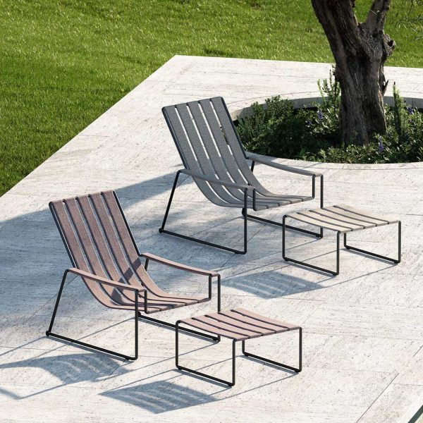 Strappy garden relax chair - A minimalist outdoor lounge chair and footstool in quality garden furniture materials by Royal Botania furniture