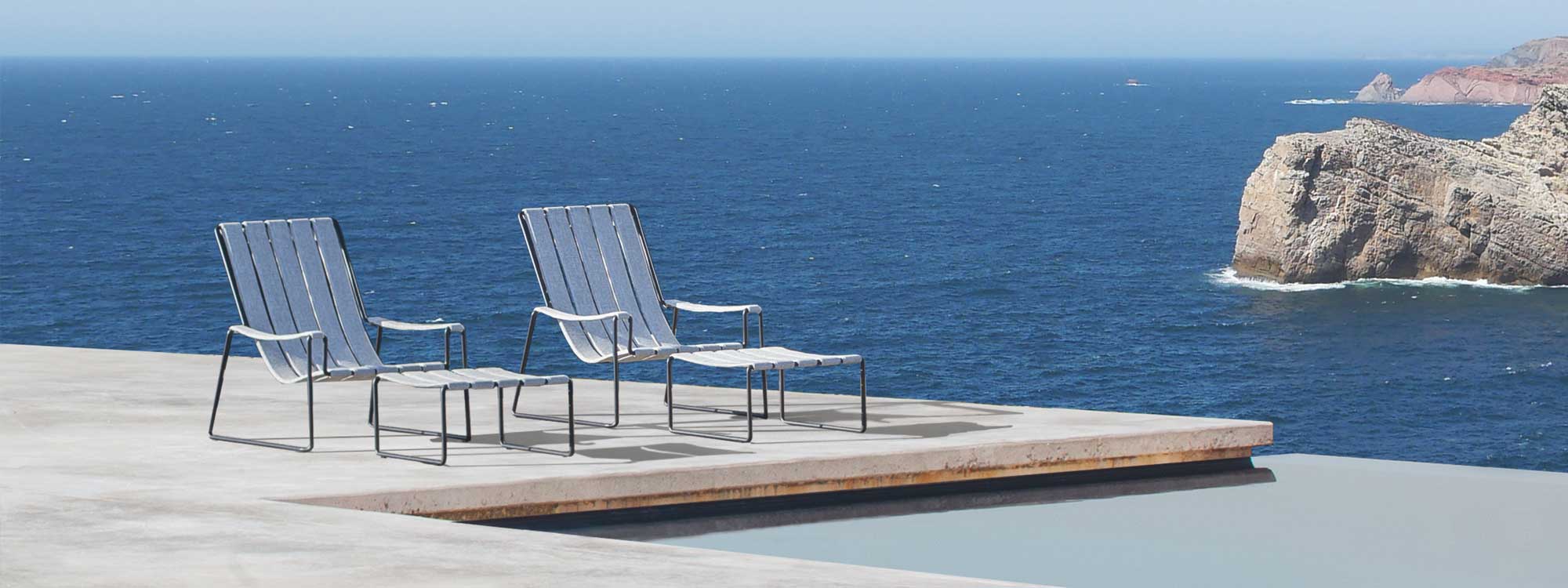 Strappy garden chair & foot rest overlooking Aegean sea